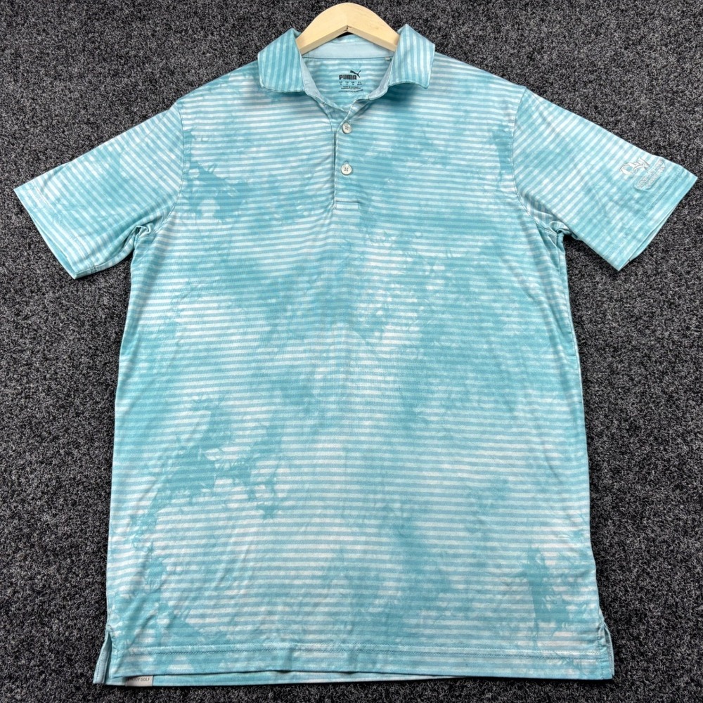 Puma Golf Mens Small Blue Tie Dye Striped‎ Polo Quail Hollow Country Club